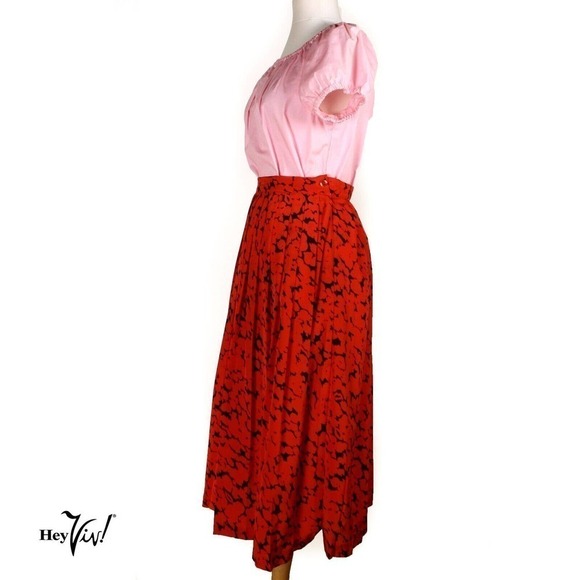 Vintage Full Mid Calf Day Skirt w Dashing Red & Black Pattern Waist 29"- Hey Viv - Picture 3 of 7